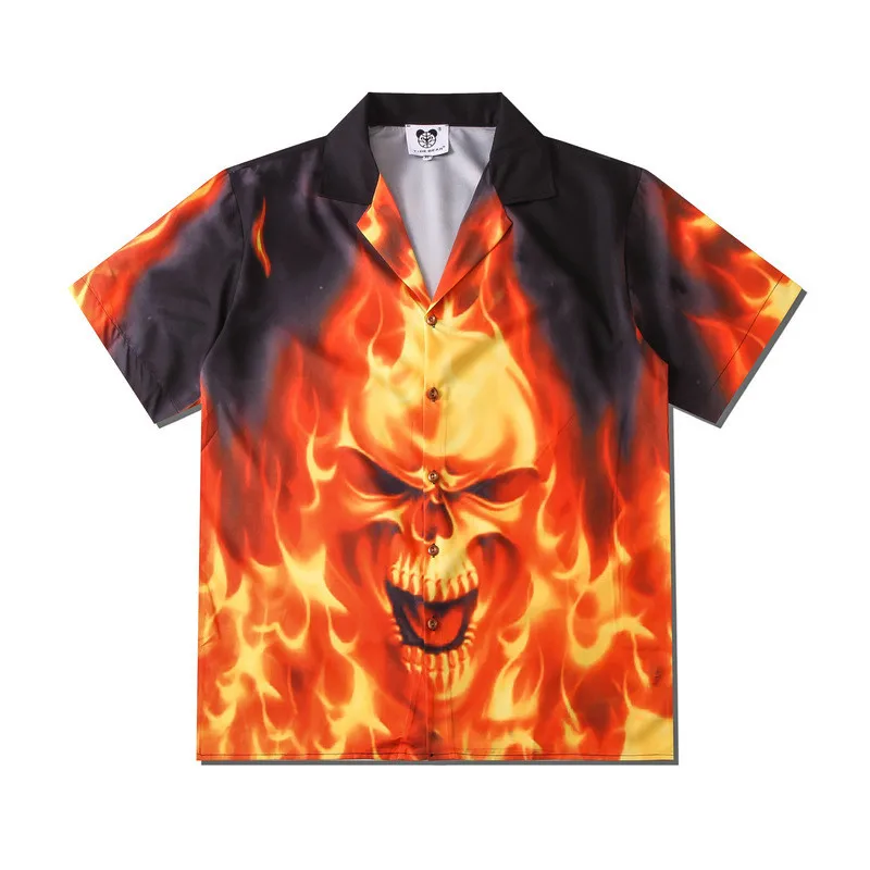 

Hawaiian Shirt Men Hip Hop Streetwear Flame Skull Anime Printed Shirts Camisa Masculina Short Sleeve For Men Holiday Beach Shirt