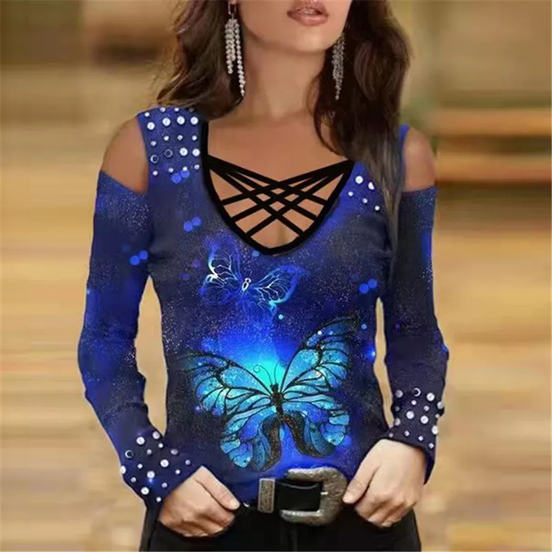 

3D Floral T-Shirt Long Sleeve V-Neck Printed Tops Sexy Off Shoulder Cross Tops 4XL 5XL Big Size Vintage Casual Tops Spring Tops