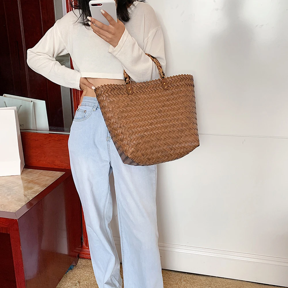 

Casual Woven Handbag Women Large Capacity Beach Hollow Straw Shoulder Tote Bags Popular Simple Female Daily Bag