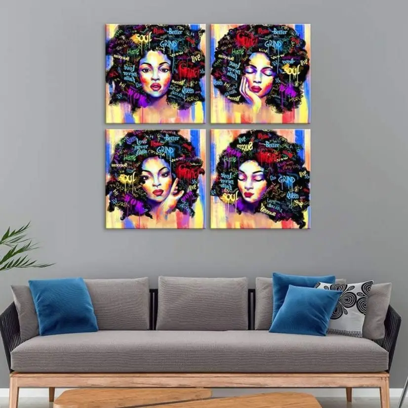 

4 Pieces Black Girl Abstract African American Posters Canvas Wall Art Picture Home Decor Paintings for Living Room Decorations
