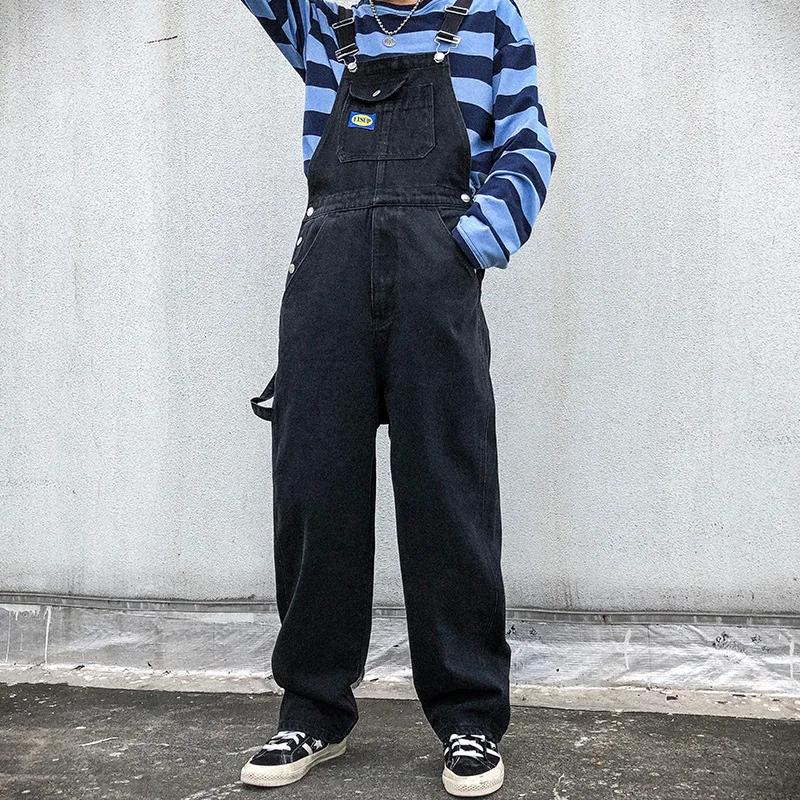 Men's Denim Bib Overalls Fashion Pocket Jumpsuit Men Loose Jeans Suspender Pants Hip Hop Straight Leg Trousers Black Grey Blue