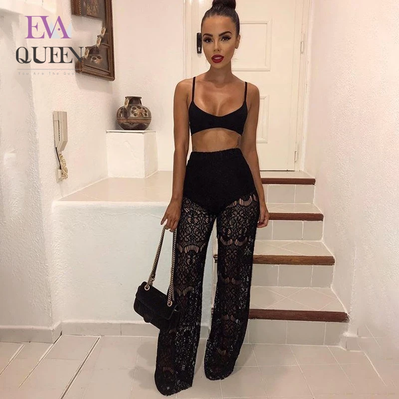 Женский кружевной комплект EvaQueen белый из топа и брюк на тонких бретельках черный