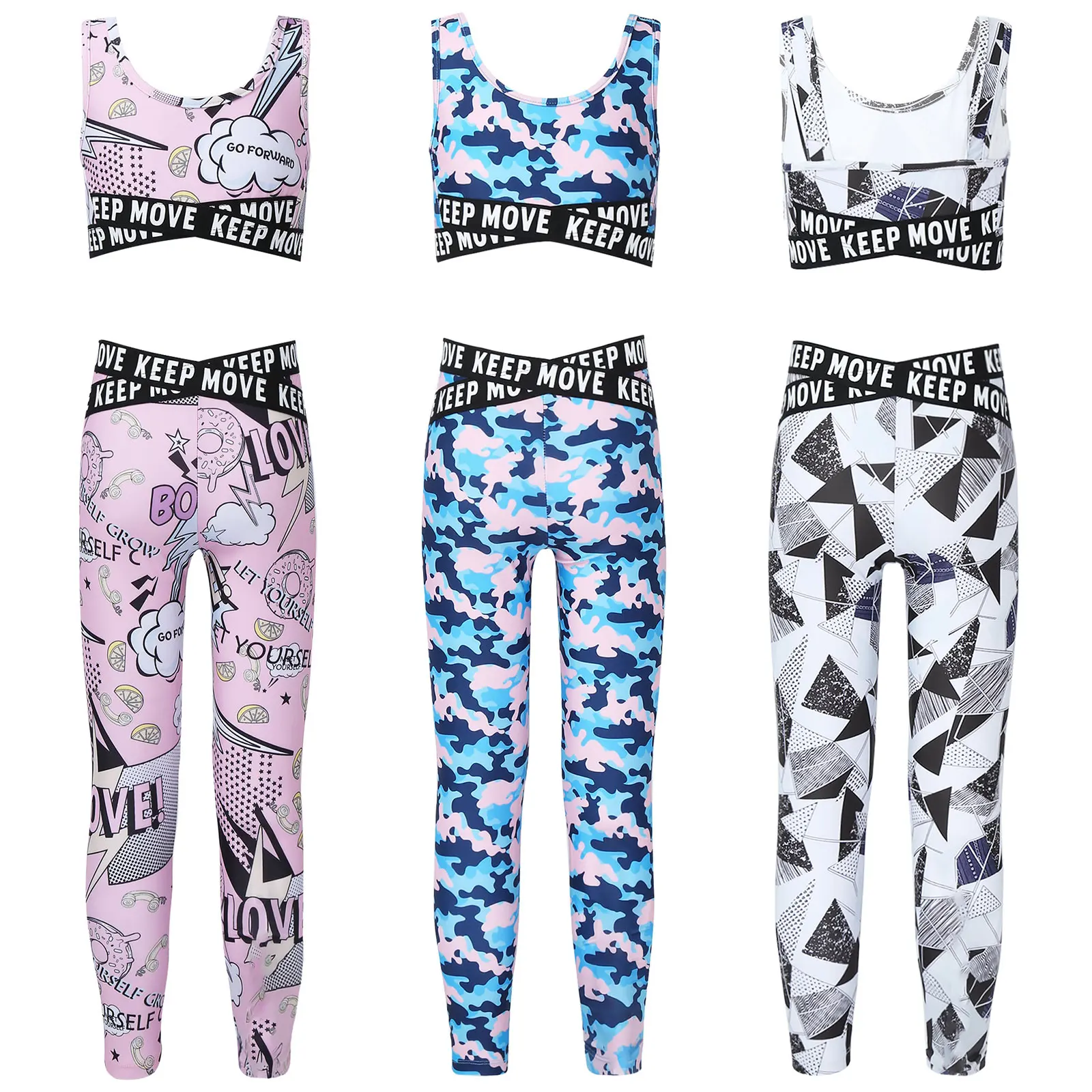 

Kids Girls Summer Sports Outfit U Neck Shoulder Straps Sleeveless Crop Tops High Waist Pants Set Gym Yoga Running Sportsuit