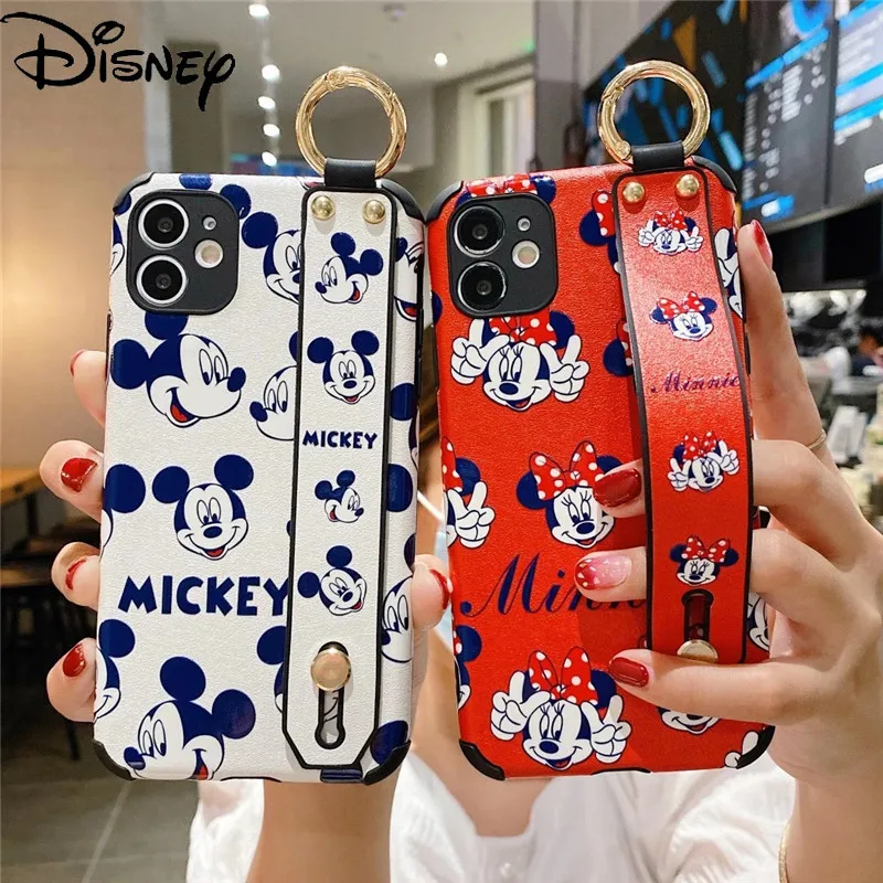 

Disney Mickey Minnie PU Phone Case 6S/7/8P/X/XR/XS/XSMAX/11/12Pro/12mini Phone Luxury Wristband Mobile Phone Case