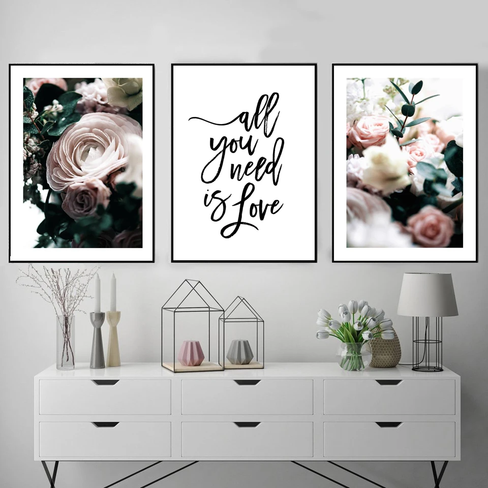 

Scandinavian Peony Flower Canvas Painting Wall Art Prints Room Decor Quote All you need is Love Wall Pictures Posters Aesthetic