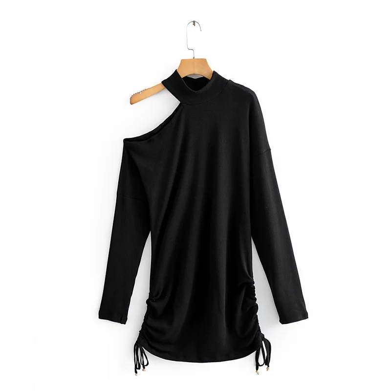 

Ladies Elegant Lightly Cooked Drawstring One-shoulder Dress Women's 2021 New Summer Black Irregular Collar Fashion Short Dresses