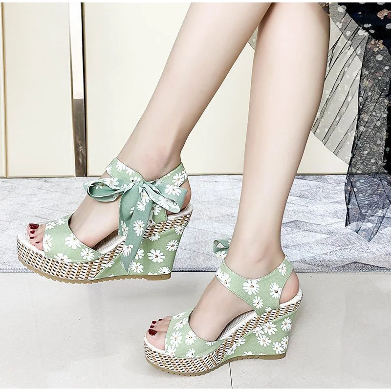 

Women Wedge Sandals Female Open Toe Floral Bowknot Platform Bohemia High Heel Sandals Fashion Ankle Strap Ladies Shoes Summer