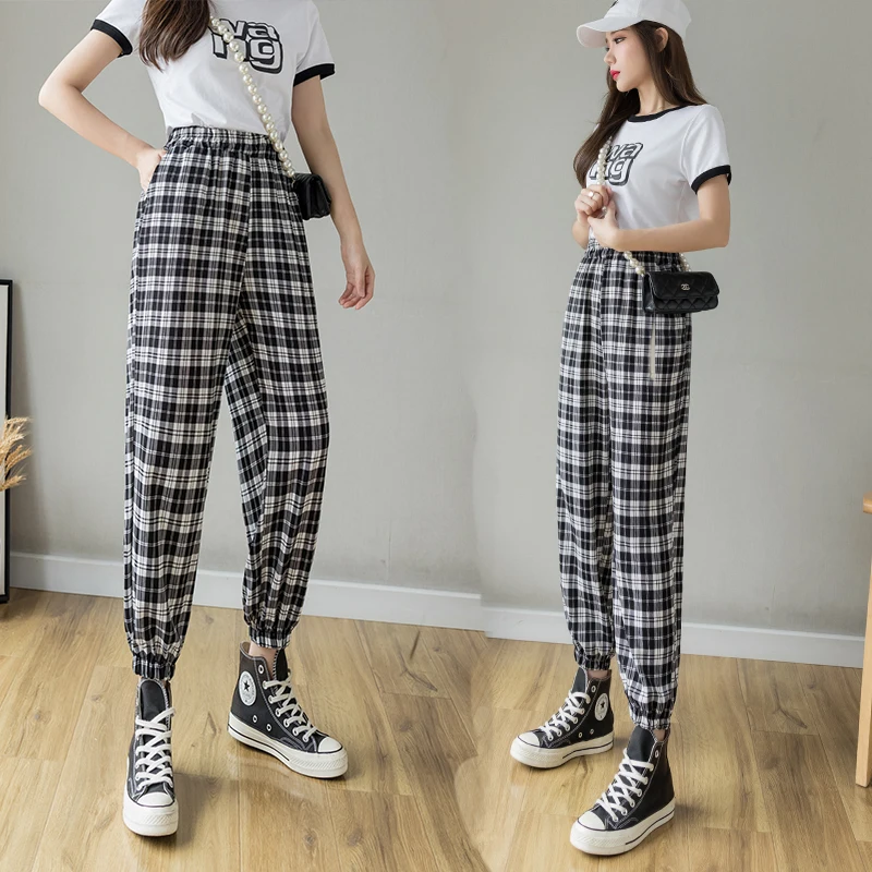 

Pants for Women New Female Black and White Plaid Waist Pants High Waist Slimming Harlan Nine Points Slimming Carrot Pants