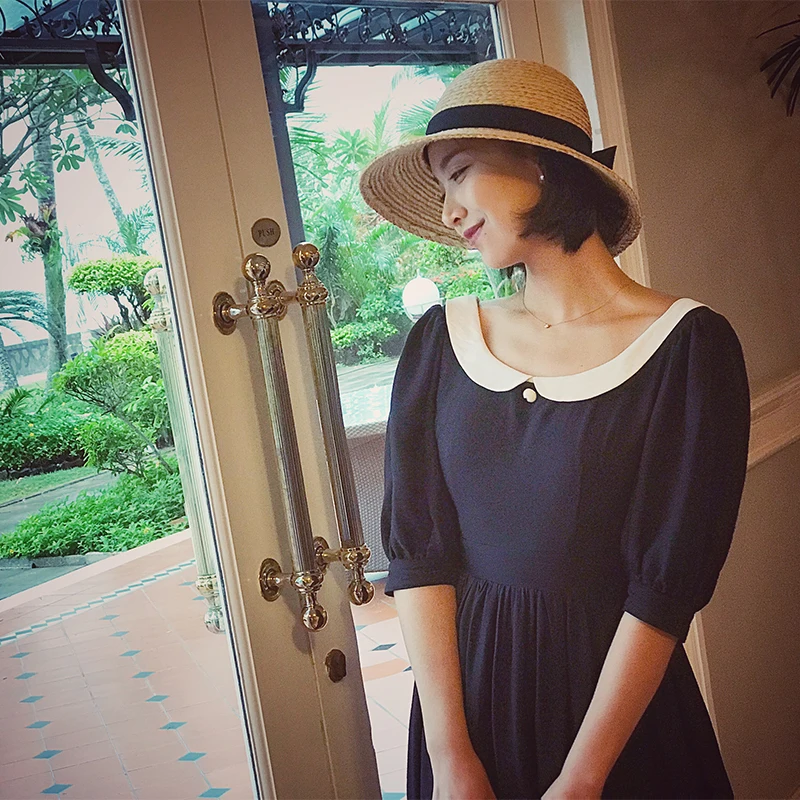 

Summer Women Spring Vintage Chiffon Black Long Dress Ladies Hepburn Style Elegant Slim Peter Pan Collar elbise clothes