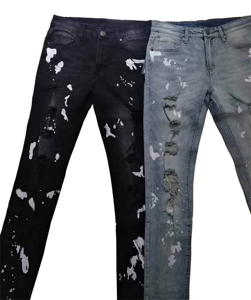 Обтягивающие джинсы для мужчин рваные с принтом брызг чернил повседневные