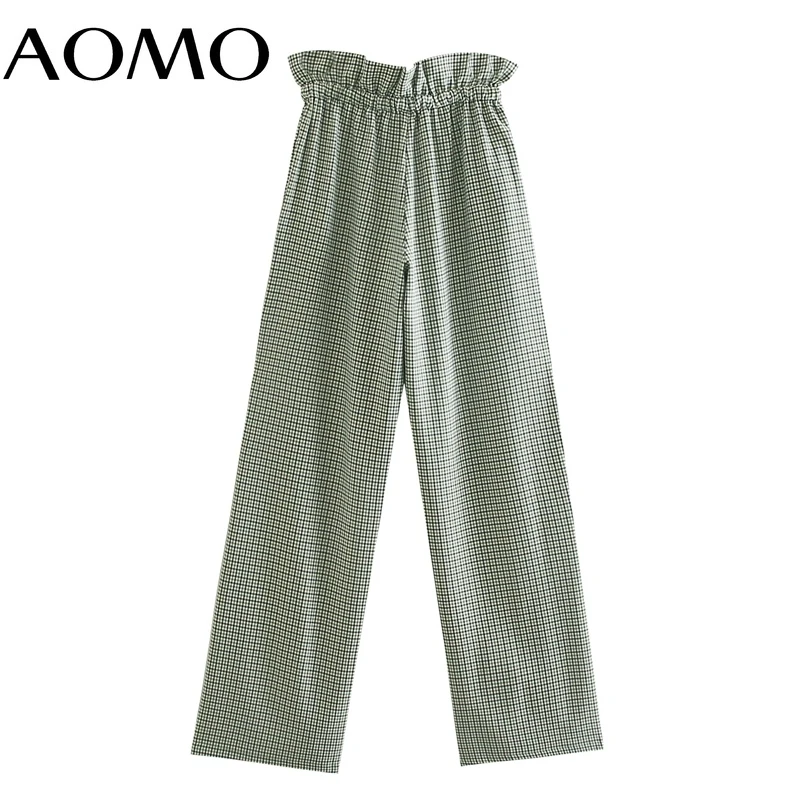 

AOMO Women Green Plaid Print Long Pants Trousers Vintage Style Strethy Waist Lady Pants Pantalon QJ57A