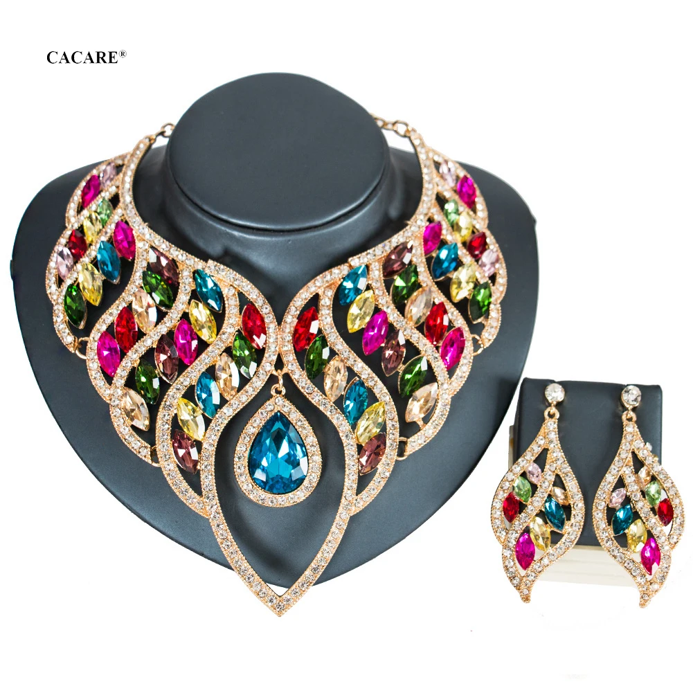 

Vintage Jewelry Sets Women Big Necklace Earring Set Indian Dubai Gold Jewellery F1140 Rhinestone Party Jewels 6 Colors CACARE