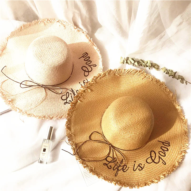 

Women's Handmade Large Brim Sun Hats Lady's Casual Letter Embroidery Straw Hat Girl Beach Caps Visor Panama gorros
