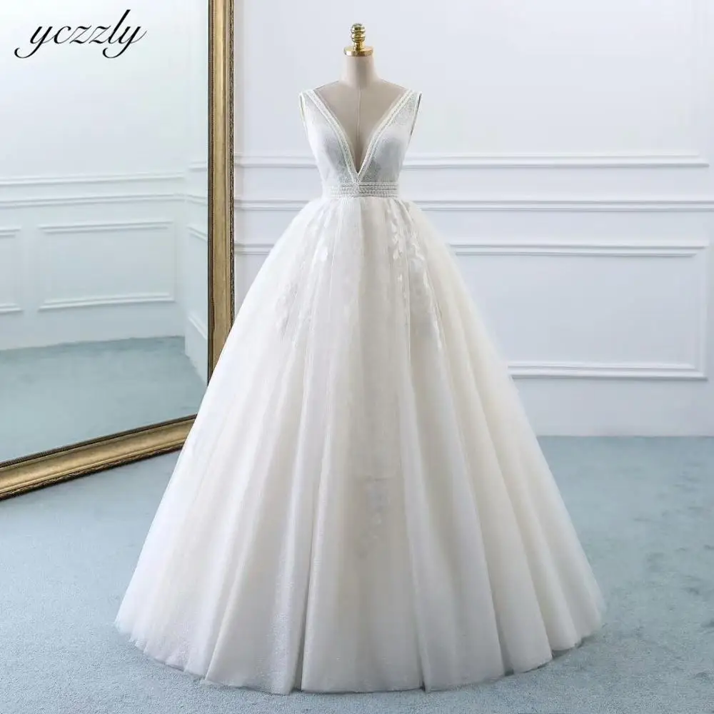 

Vestidos De Novia Blanco Floor Length V-neck Lace Appliques Wedding Gown With PearlsYW52