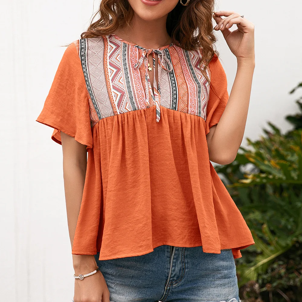 

2021 summer new bohemian style neckline hollow tether short-sleeved top women