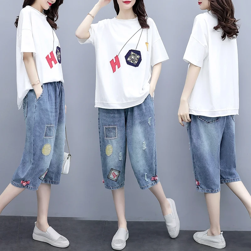 Женский повседневный костюм из двух предметов свободная футболка с коротким