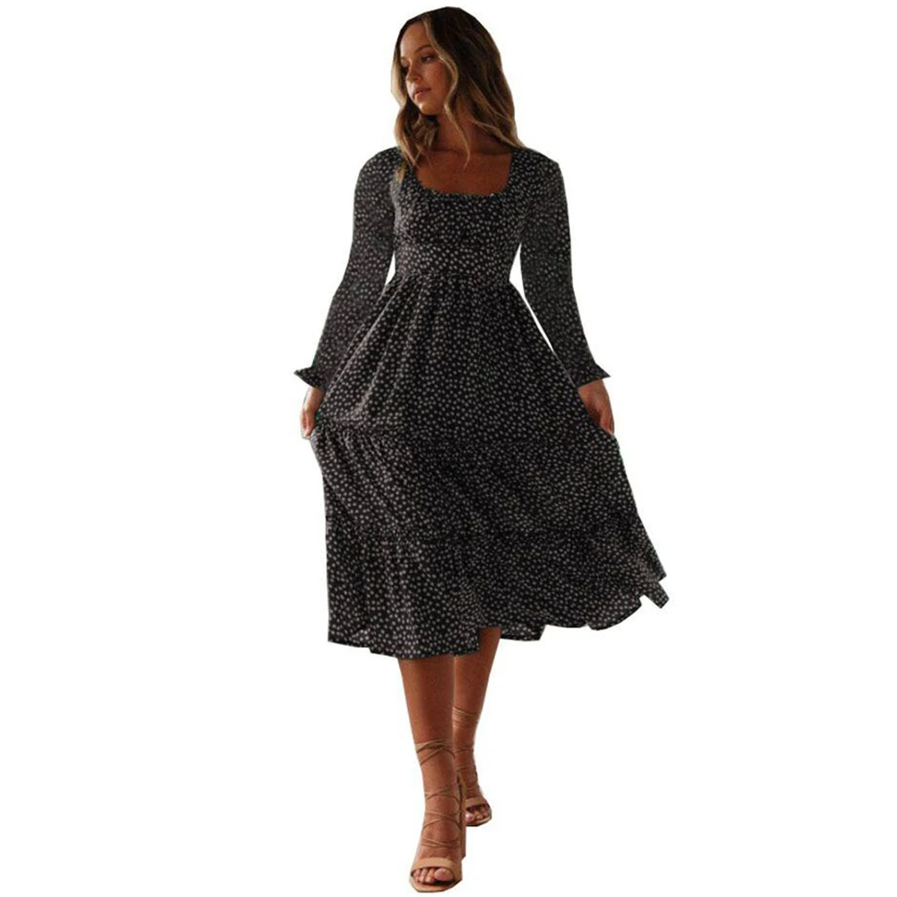 Women's Dress Fashion Women Polka Dot Print Bohemia Long Maxi Ruffles Sleeve Evening Party Summer Beach Sundress Q30 | Женская