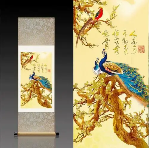 

Китайский шелковый свиток, картина, павлин, цветение сливы, украшение для дома и офиса