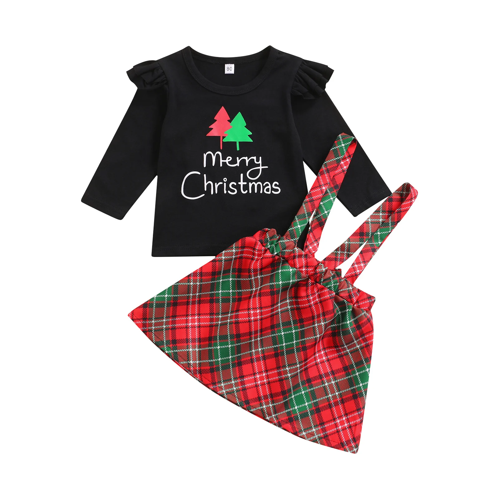 

2021 Autumn Baby Little Girl\u2019s Skirt Two Pieces Suit Cute Christmas Printed Long Sleeve Tops and Suspender Skirt Hot Sale
