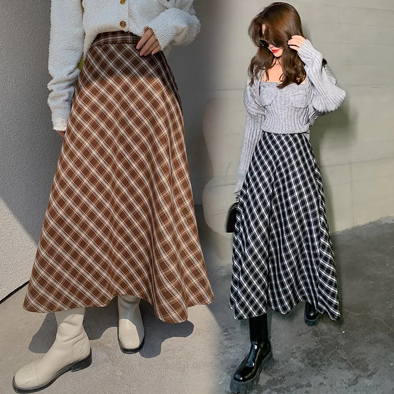 

Streetwear Checked Long Skirt Women Autumn Winter Woolen Skirts Womens Korean Vintage Midi Skirt Elastic High Waist Faldas Mujer