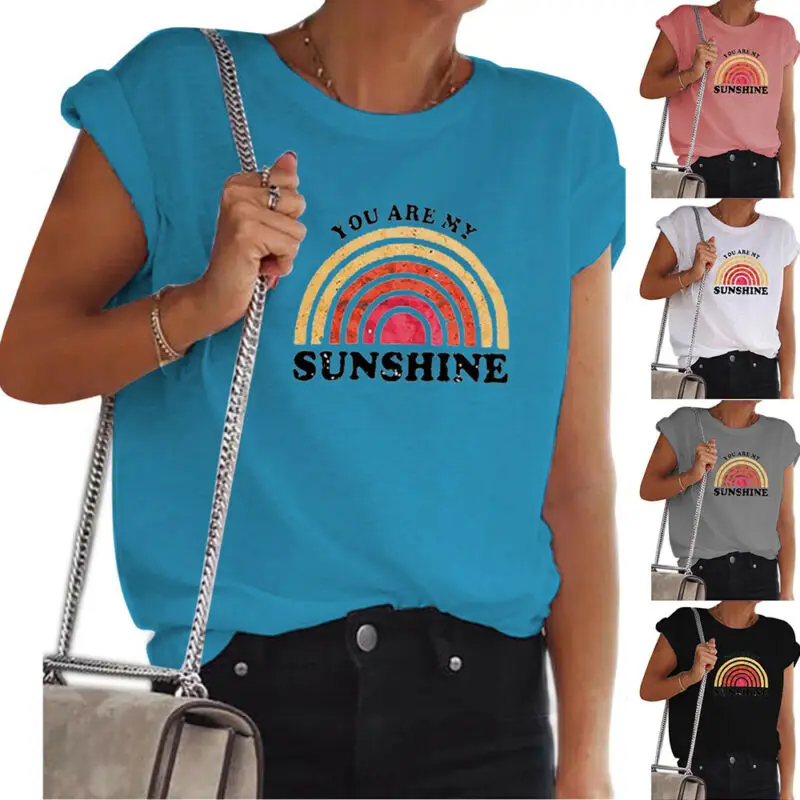 

New Womens Summer Sunshines Printed Tops Short Sleeve T Shirt Blouse Basic Tee