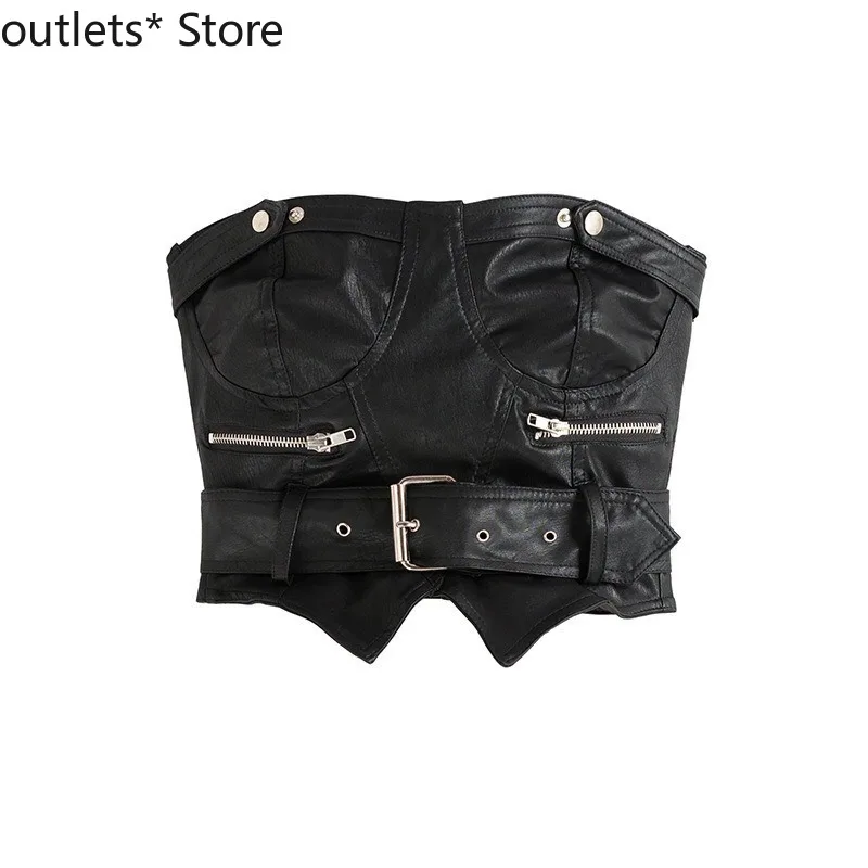 

Summer New Women's Sexy Tops Black Slim Biker Chain Vest Tube Top Vest PU Leather Tank Tops