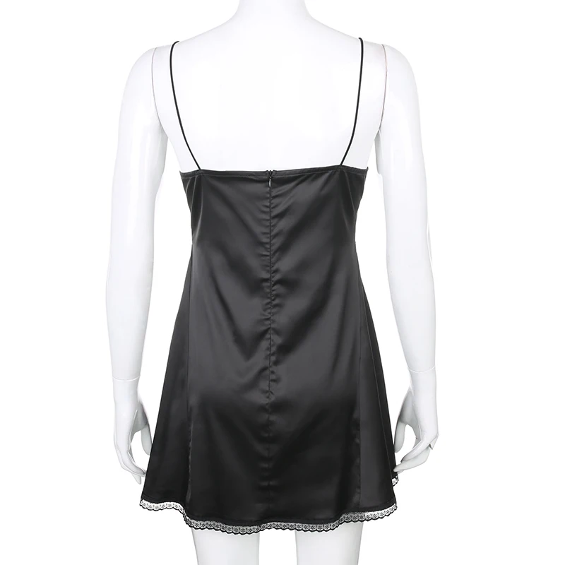 

New V Neck Satin Strap Sexy Black Dress Women Lace Patchwork Backless Summer Dress Mini Side Split Ladies Dresses Fashion