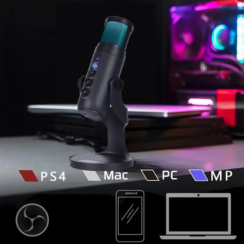 

RGB Condenser Microphone for iPhone Android Laptop Computers Professional USB Mic with Earphone jack for Gaming Streaming Video