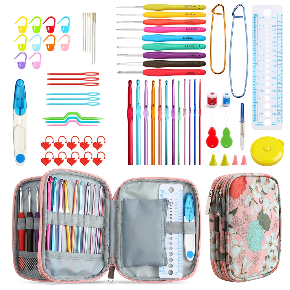 

9pcs Aluminum Weave Knitting Needles Household DIY Tools Soft Handle Grip Sweater Crochet Hooks Set with Storage Bag Accessories