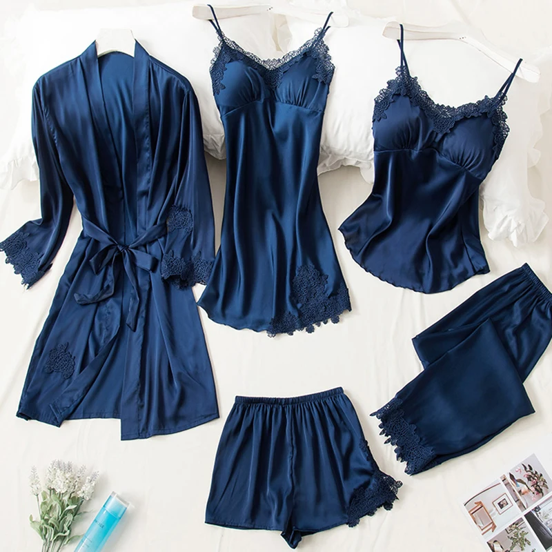

5PCS Robe Sleep Suit Pajamas Set Sexy Lace Stain Red Pajamas Women Silk Pyjamas Dressing Gown Summer Robe Sleepwear Chest Pads