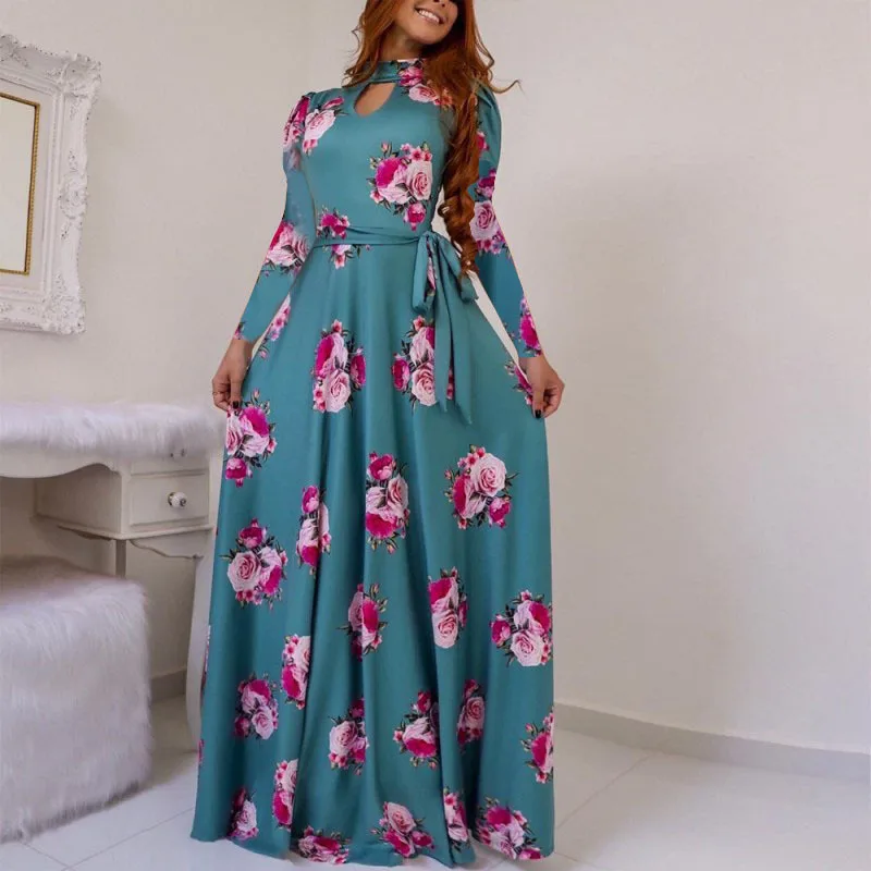 2019 new European and American fashion digital printing flowers big swing long sleeve women's clothing | Женская одежда