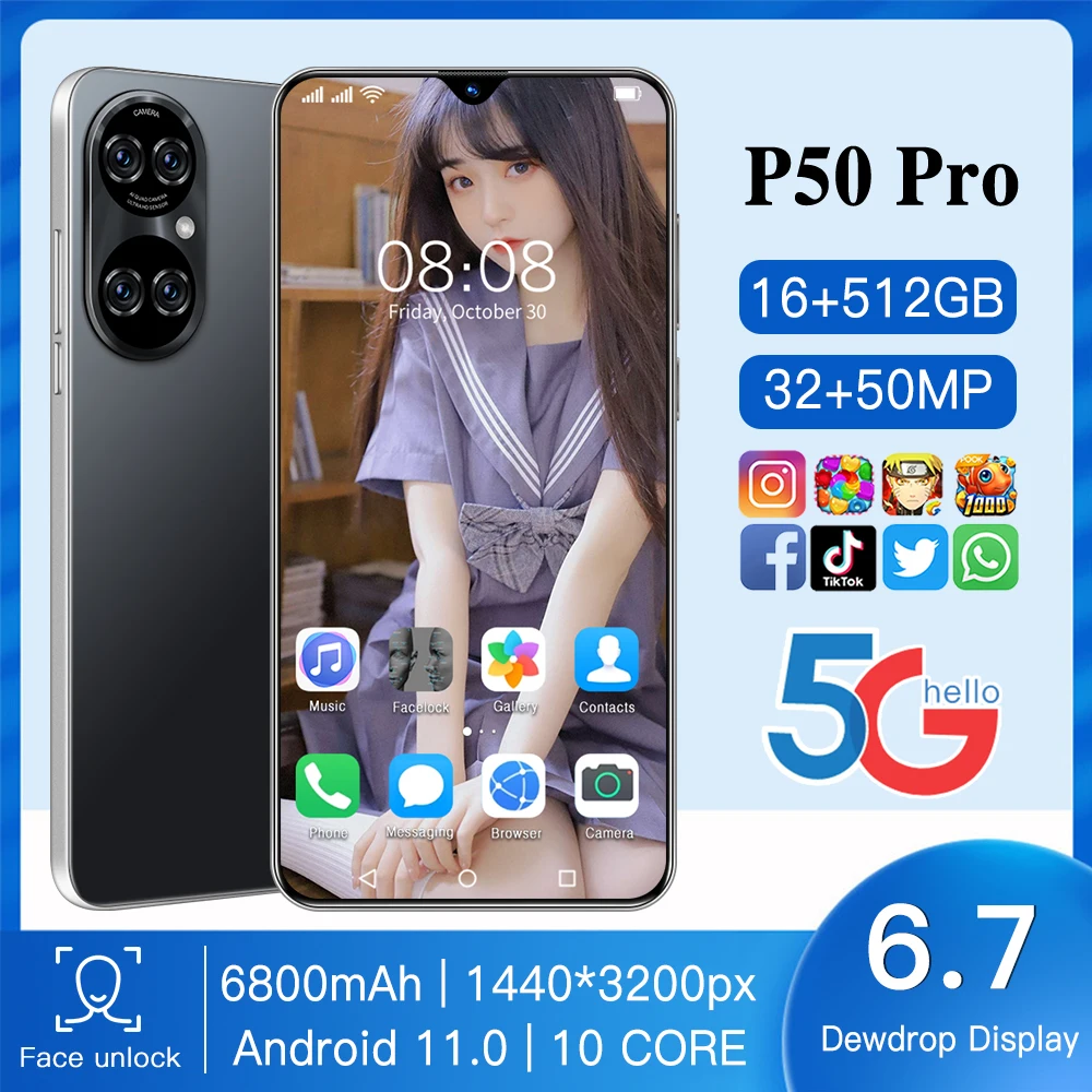 

P50 Pro 6.7 Inch Global Version 16GB 512GB 32MP 50MP Smartphone 6800mAh 10 Core Android 11 Face ID Qualcomm 888 Mobile Phone