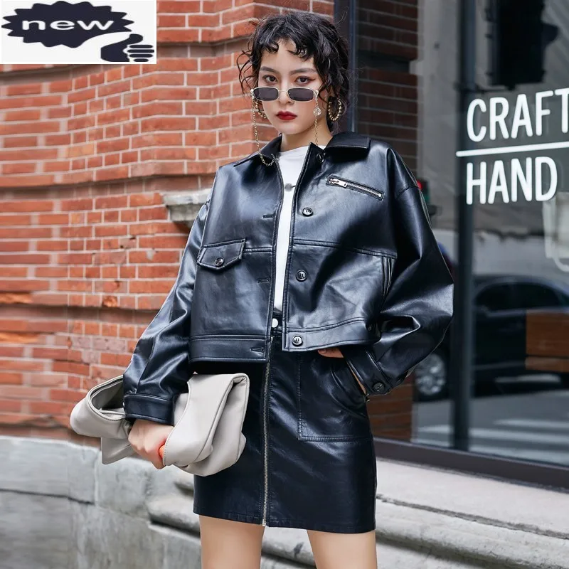 Designer Zipper Loose Biker Pu Leather Jacket Women Fashion Single Breasted Office Coat Square Collar Punk Full Sleeve Outerwear