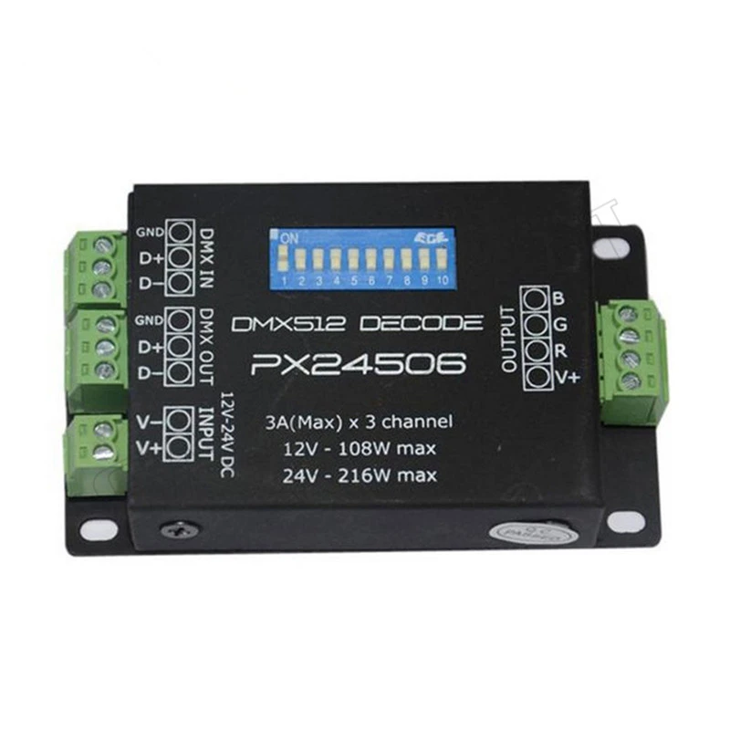PX24506 DC12V 24V DMX512 3CH декодер драйвера RGB Усилитель контроллер для 5050 3528 светодиодной