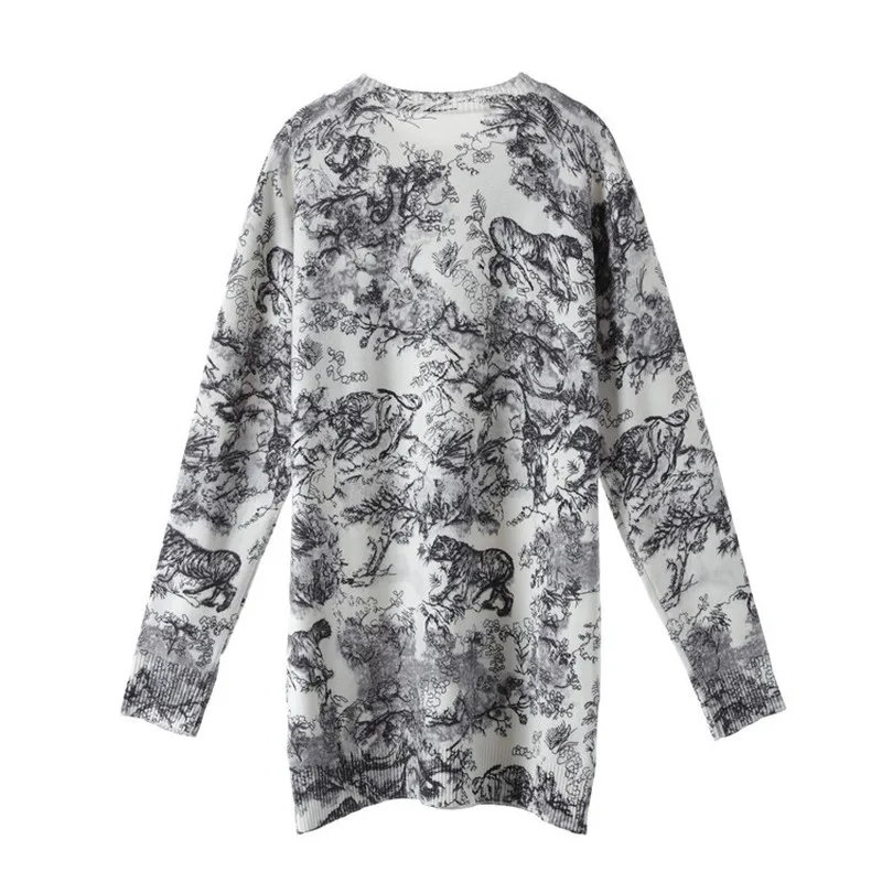 Women Loose Long Sweater Runway 2019 Fall Winter Tiger Animal Print Full O-neck Knit Pullover P-098 | Женская одежда