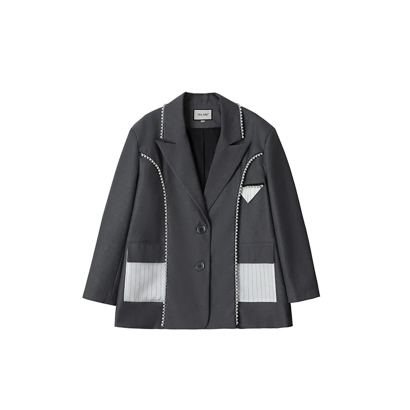 

2021 New Trend Spring Grey Suit Jacket Fashion Lady Tailored Collar Beading Perals Patched Plaid Pocket Casual Women Blazer