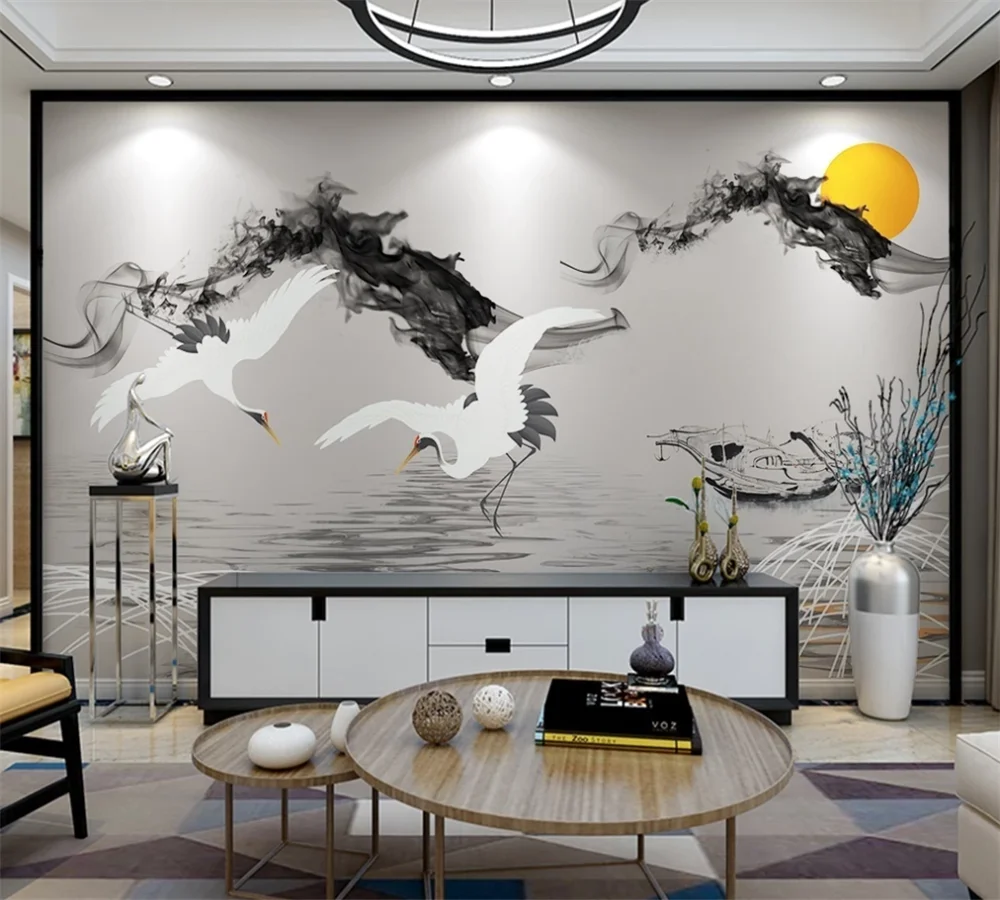 Пользовательские 3D обои настенные абстрактные дымки пейзаж Рыба Лодка журавль
