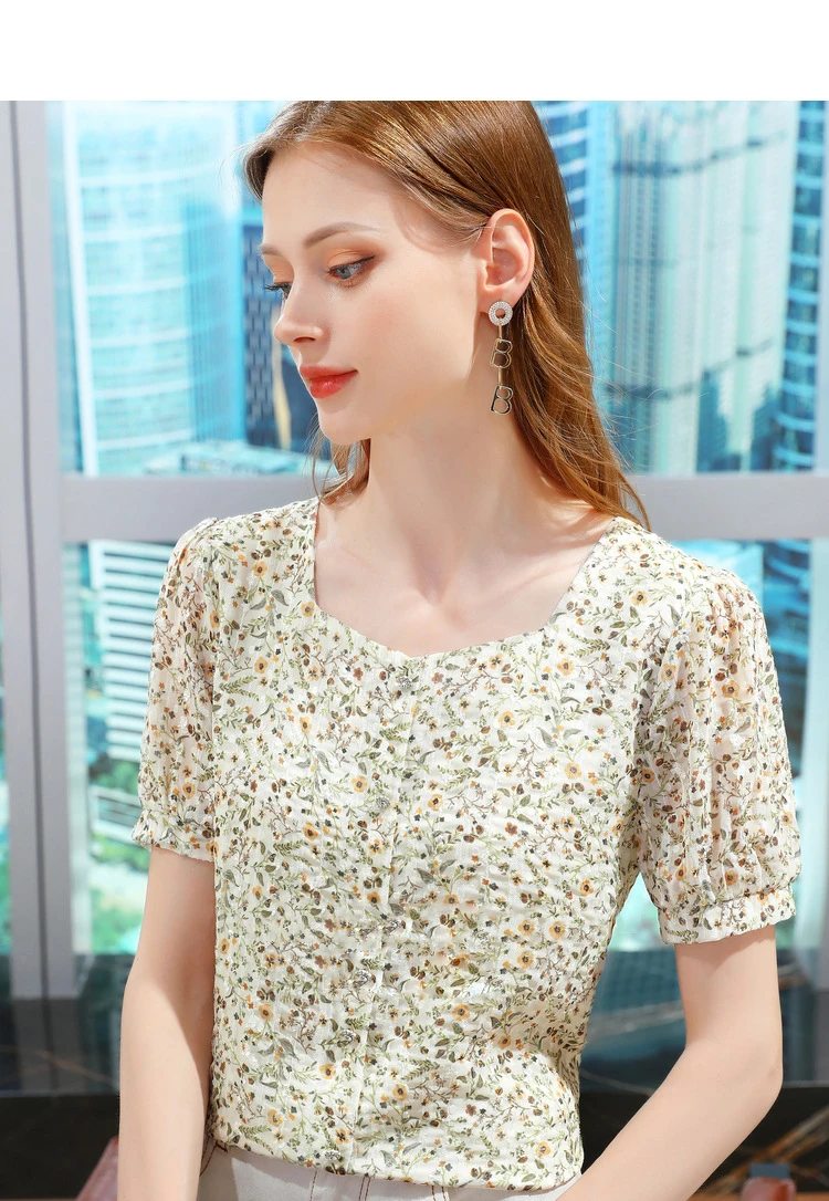 

Women Loose T Shirt Chiffon Korean Casual Short Sleeved Square Neck T-Shirts Female Top Tees Solid Color Apricot