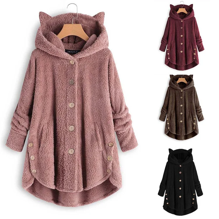

SHZQ New Hoodies Women Jacket Button Coat Patchworl Tops Hooded Pullover Loose Blouse Plus Size Warm Thick Windbreaker Outerwear