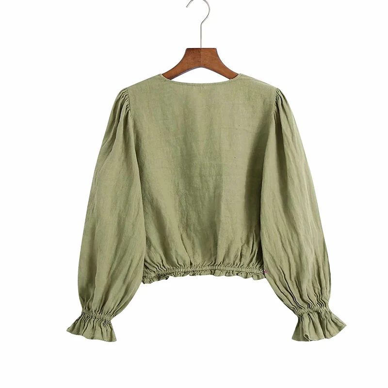 

HWLZLTZHT Women Green Cropped Blouse Summer Vintage Puff Sleeve Wrap Linen Top Fashion Elastic Hem Woman Ruffle Ruching Shirt