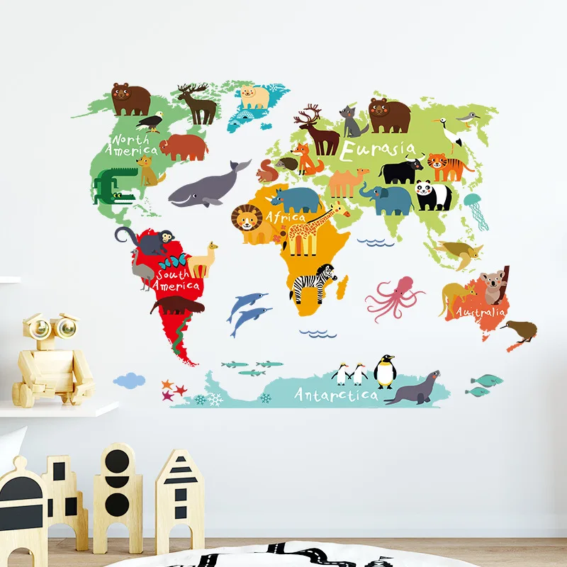 

Cartoon Animals Map Seven Continents Wall Stickers for Kids Room Bedroom Decoration Kindergarten Layout Home Office Decor