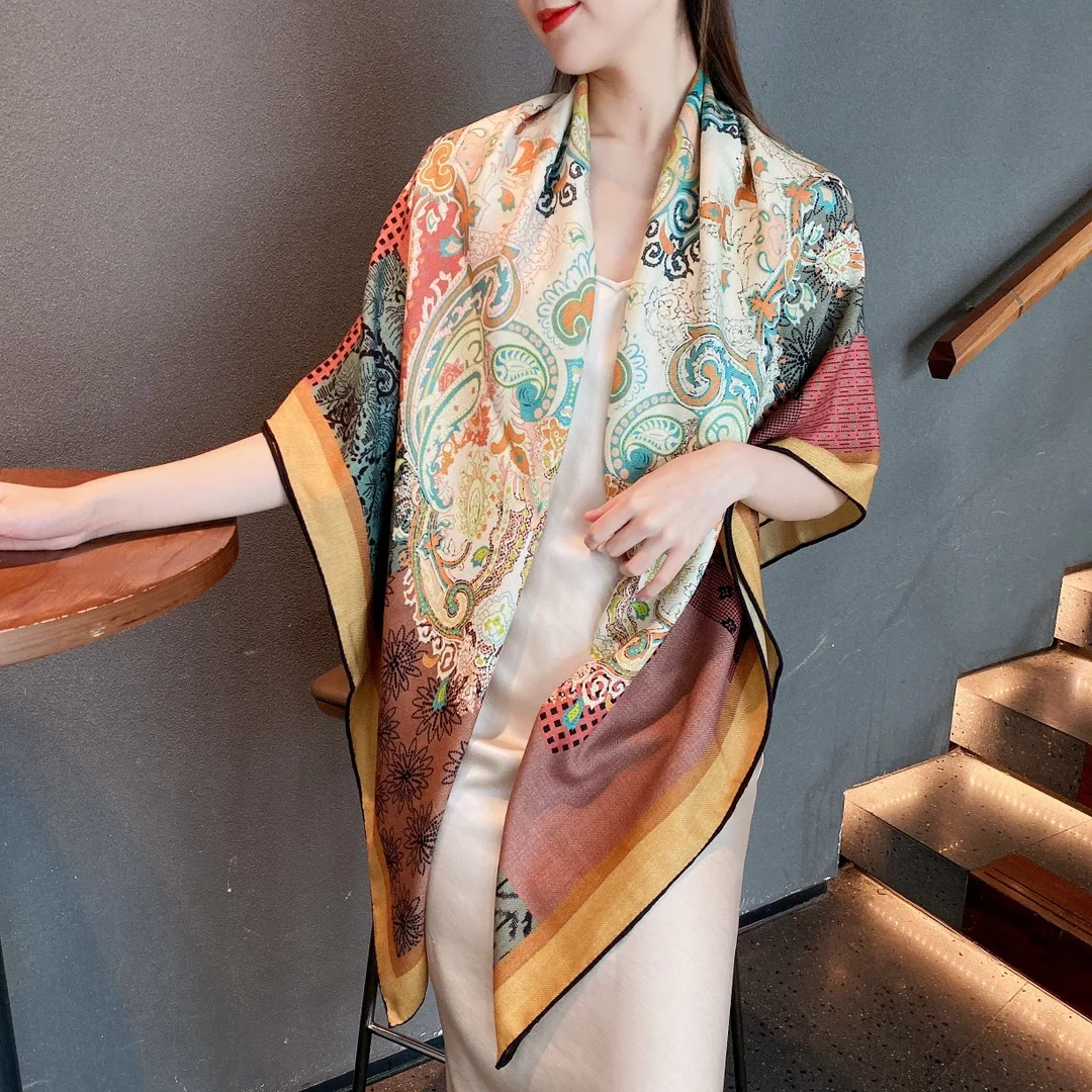 

70% Cashmere 30% Silk Scarf Women Fashion Boho Ethnic Tribal Style Shawl Double-sided Paisley Flower Kerchief Stole 135*135cm