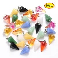 10pcs natural glass stone hexagonal cone pendants ornament charm crystal pendant for jewelry making diy necklace accessories