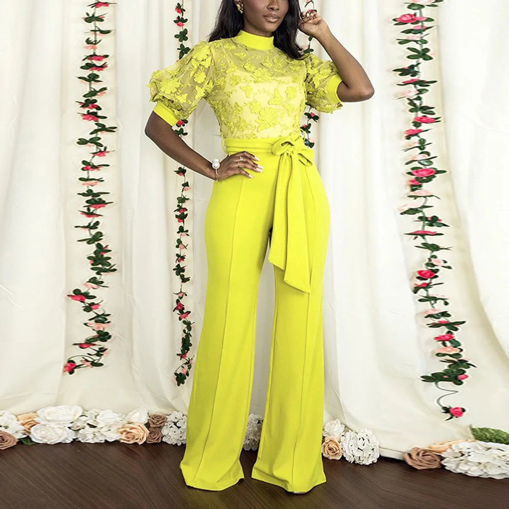 New Jumpsuits 2021 Women Elegant Yellow Embroidery Transparent High Waisted Fashio Evening Night Party Club Rompers & Jumpsuits