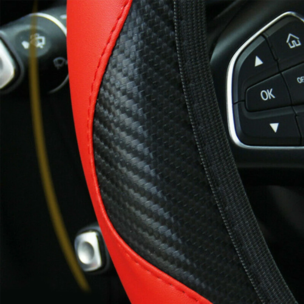

1 Pc 37~38CM Carbon Fiber Leather Car Steering Wheel Cover Non-slip Black &Red