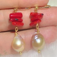 coral branch natural pink baroque pearl earring gold hook accessories party fashion women classic dangle