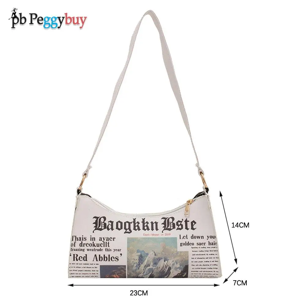 

Daily Women PU Leather Subaxillary Bags Ladies Newspaper Printing Zipper Armpit Bags Single Strap Underarm Bags