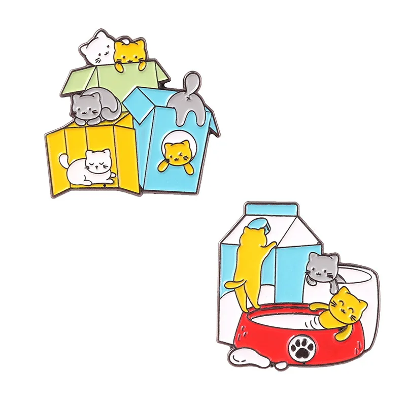 

Cat In Box Enamel Pin Kitty Swimming In A Bowl Milk Box Cup Brooch Milk Carton Cup Brooch Creative Cartoon Drink Brooch