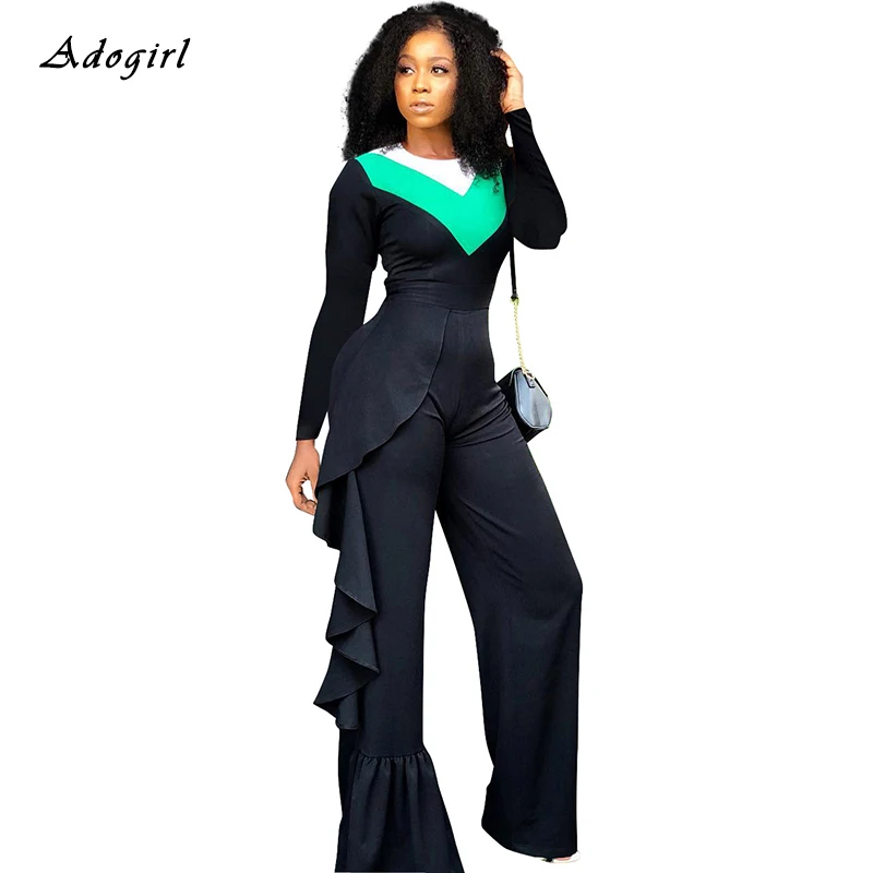 Элегантный лоскутный черный комбинезон с оборками Женский Повседневный круглым