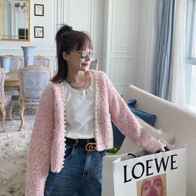 

2020 Spring Autumn New Pearl Pink Sweater Jacket Women Korean Coral Fleece Cardigan Sweet Fashion Tweed Slim Top